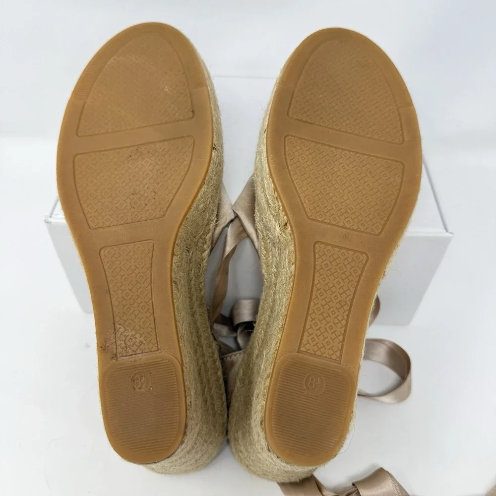 Tory Burch Elisa Wedge Satin Espadrille Soy Latte Size 8.5 Sandals Ankle Ribbon